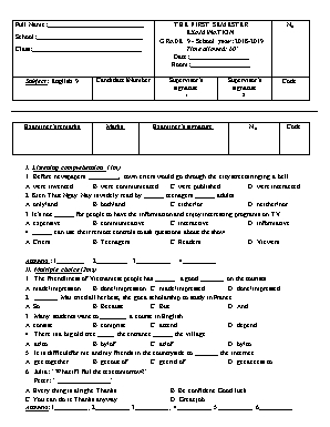 Đề kiểm tra học kì I môn Tiếng Anh Lớp 9 - Năm học 2018-2019 (Có đáp án)